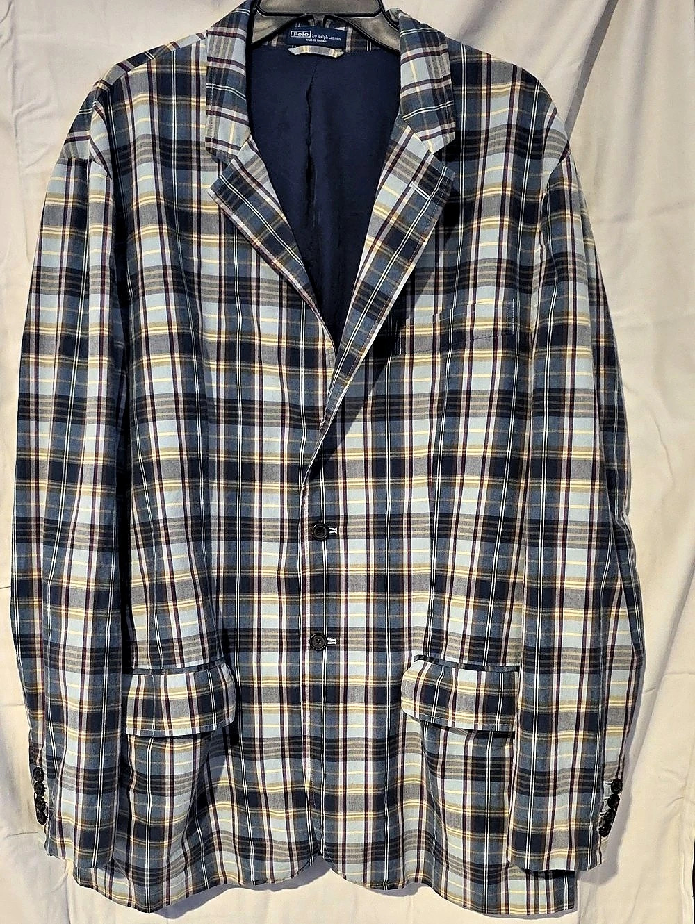Vintage Polo Ralph Lauren Cotton Madras Plaid Blazer Sport Coat Blue Yellow XXL